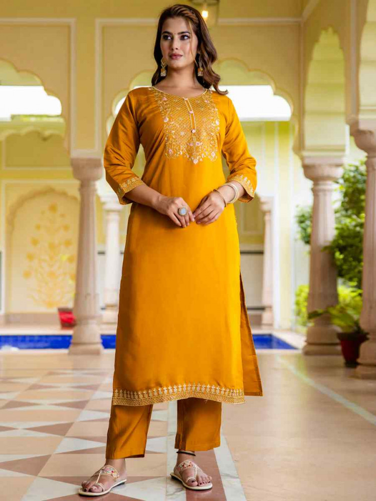 Mustard Viscose Rayon Embroidered Festival Casual Ready Pant Salwar Kameez