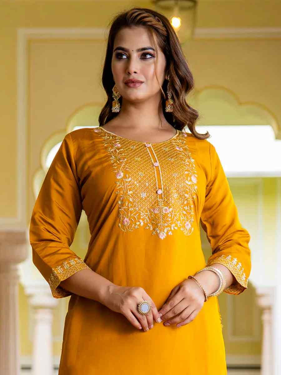 Mustard Viscose Rayon Embroidered Festival Casual Ready Pant Salwar Kameez