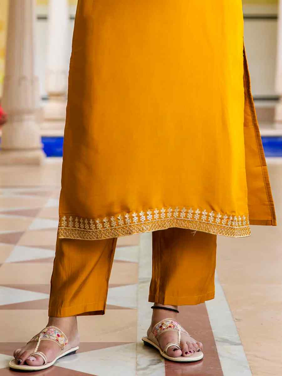 Mustard Viscose Rayon Embroidered Festival Casual Ready Pant Salwar Kameez