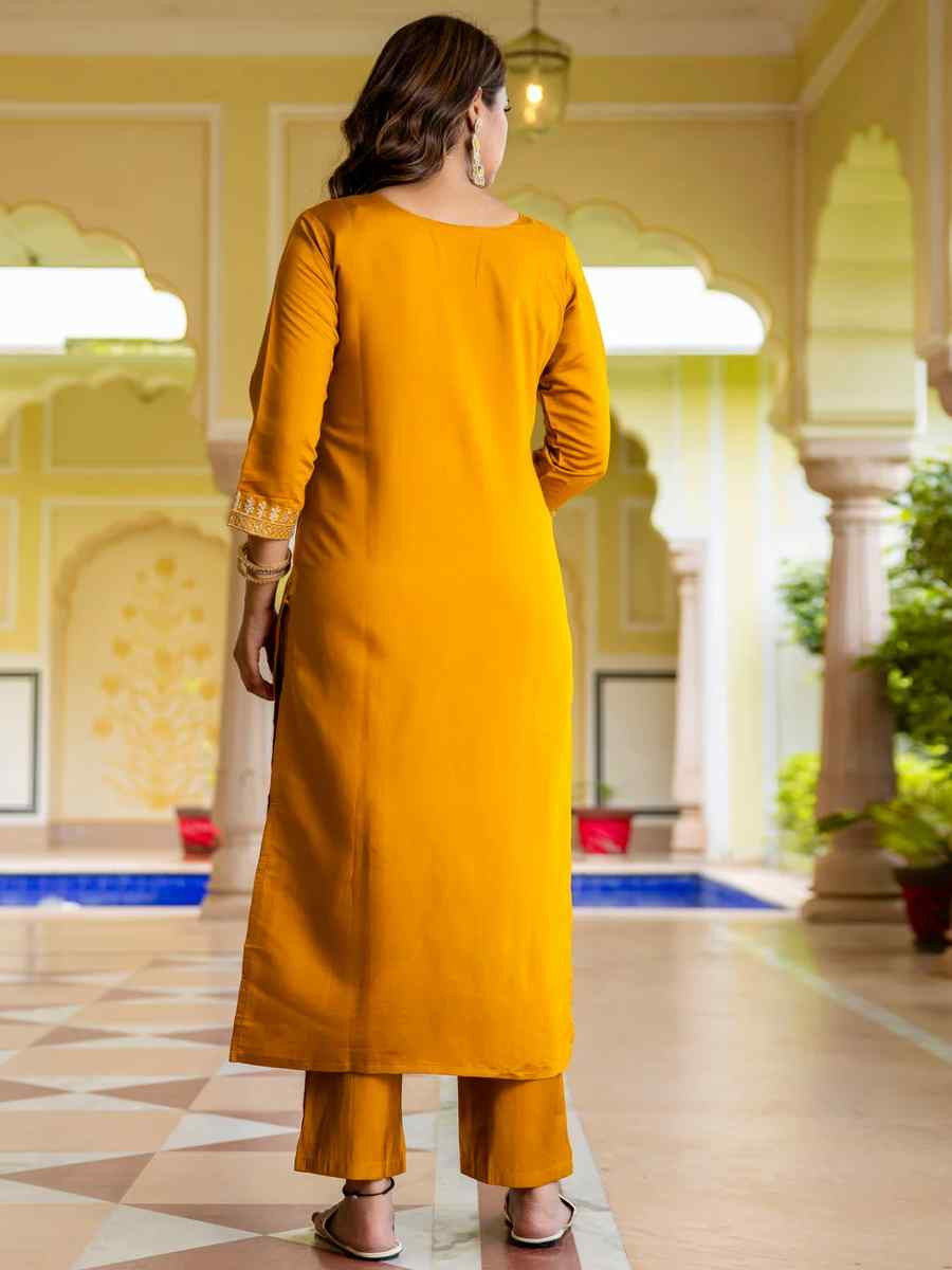 Mustard Viscose Rayon Embroidered Festival Casual Ready Pant Salwar Kameez