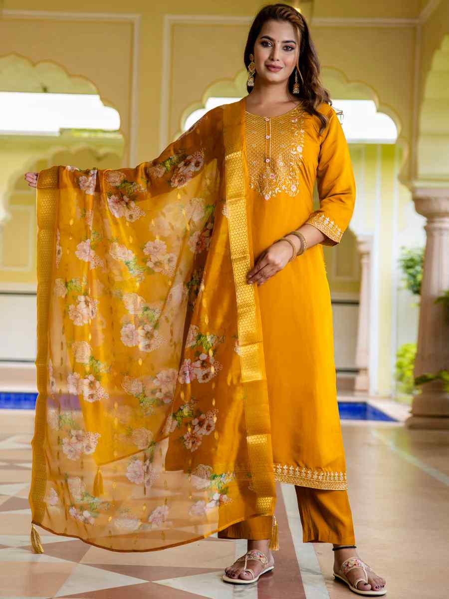 Mustard Viscose Rayon Embroidered Festival Casual Ready Pant Salwar Kameez