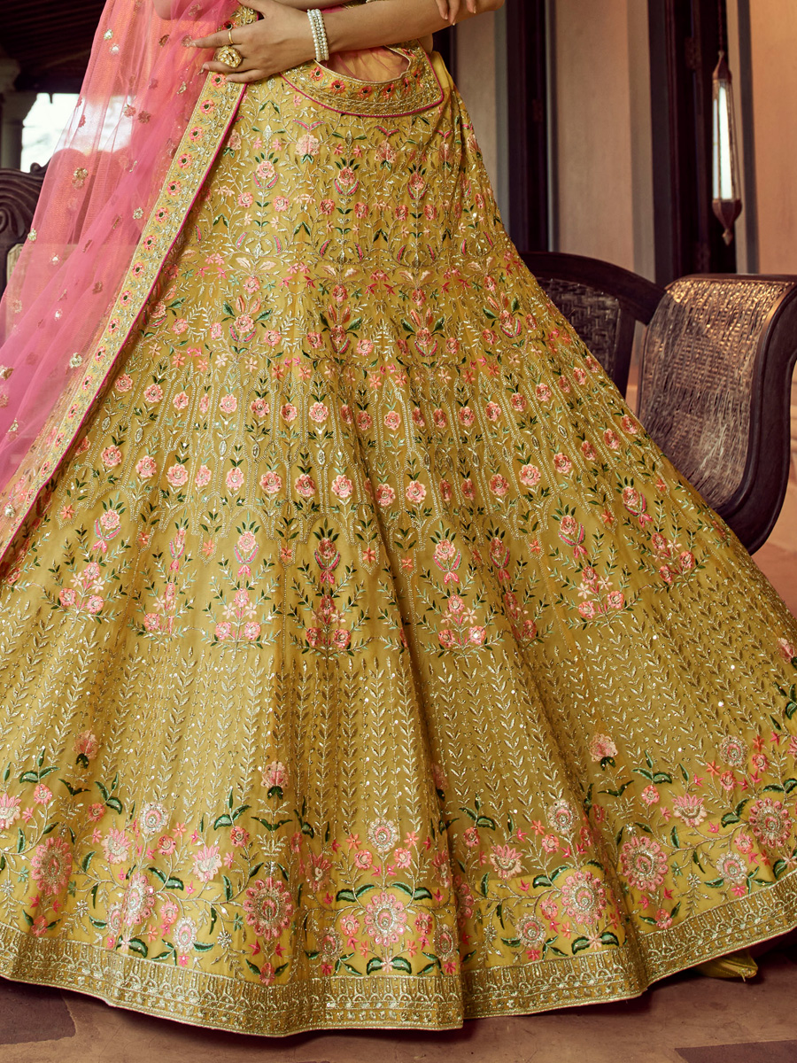 Woven Georgette Lehenga in Mustard and Pink : LCZ123