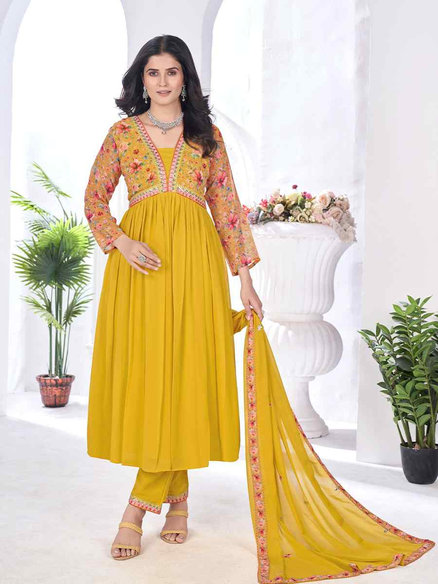 Mustared Blooming Georgette Embroidered Festival Casual Ready Anarkali Salwar Kameez