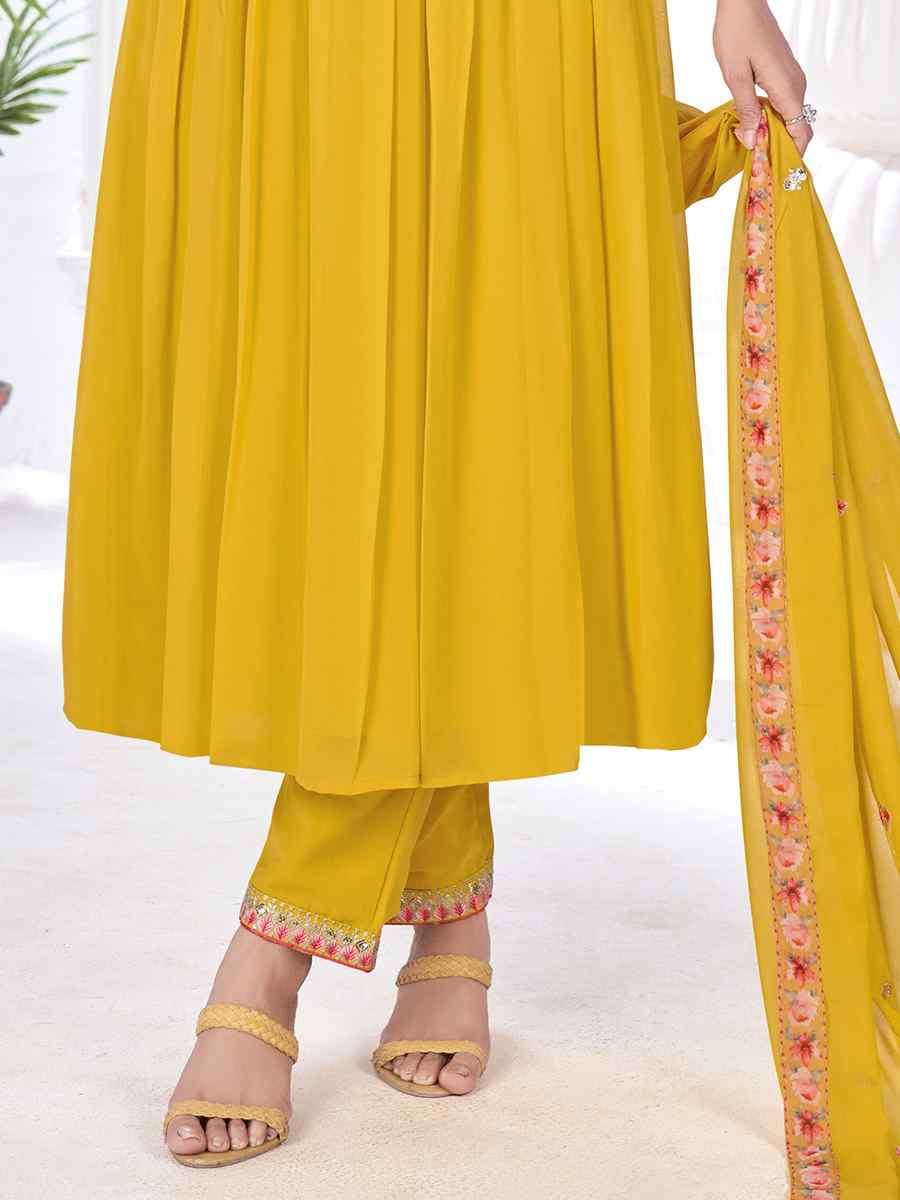 Mustared Blooming Georgette Embroidered Festival Casual Ready Anarkali Salwar Kameez