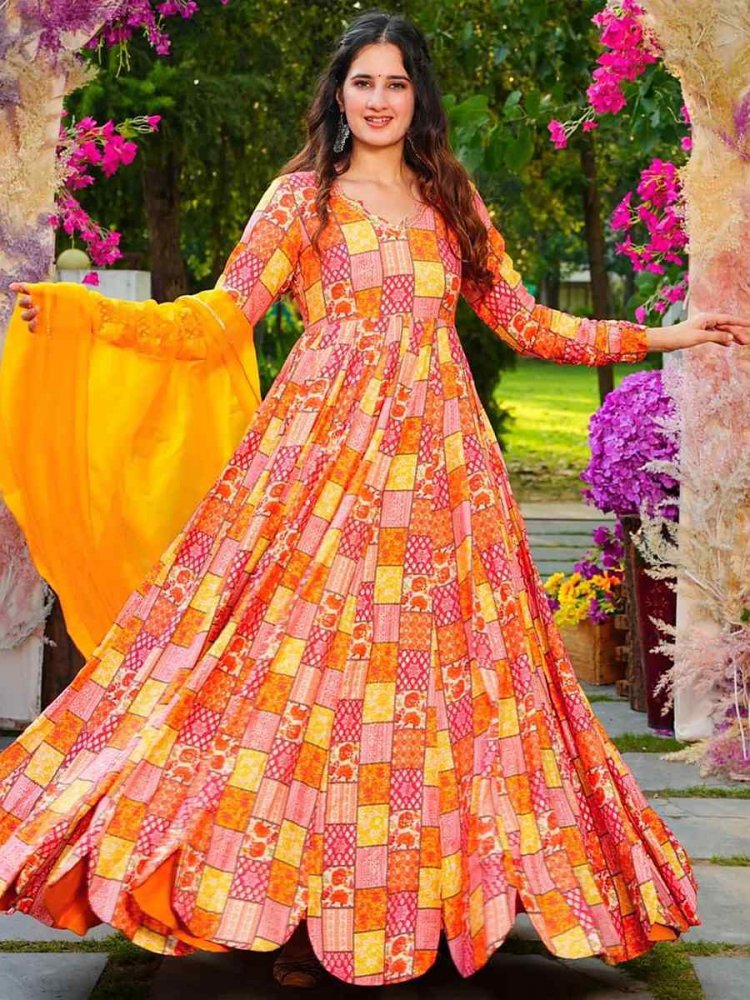 Musterd Rayon Printed Festival Mehendi Gown