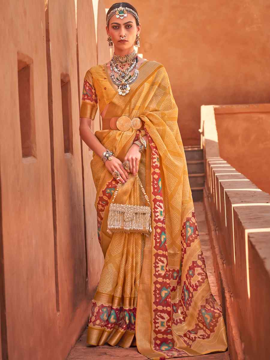 Mustured Yellow Cotton Silk Handwoven Casual Festival Classic Style Saree