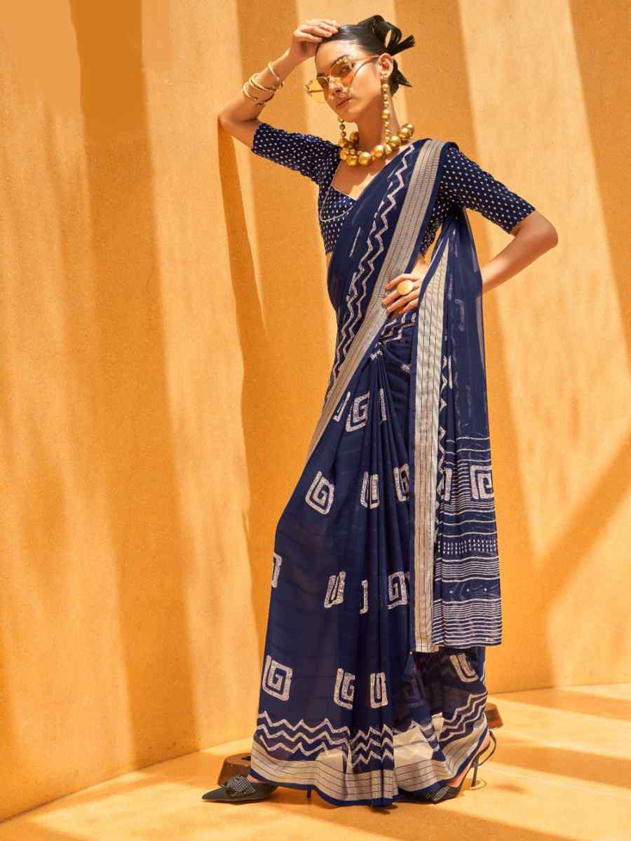 Navu Blue Georgette Printed Festival Party Contemporary Saree