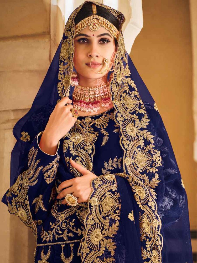 Navy Blue And Peach Embroidered Designer Lehenga Choli | Designer lehenga  choli, Indian saree blouses designs, Simple lehenga choli