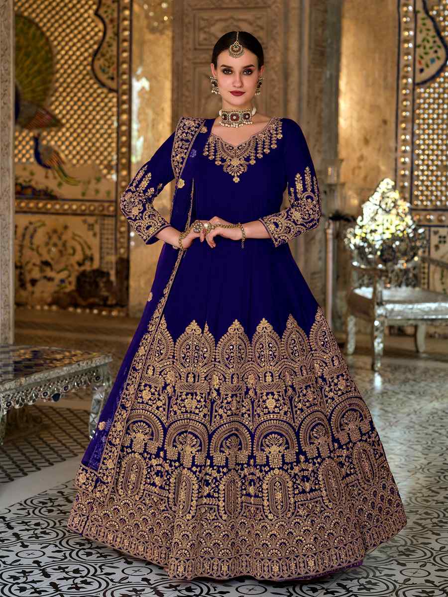 Navy Blue 9000 Velvet  Embroidered Festival Wedding Anarkali Salwar Kameez