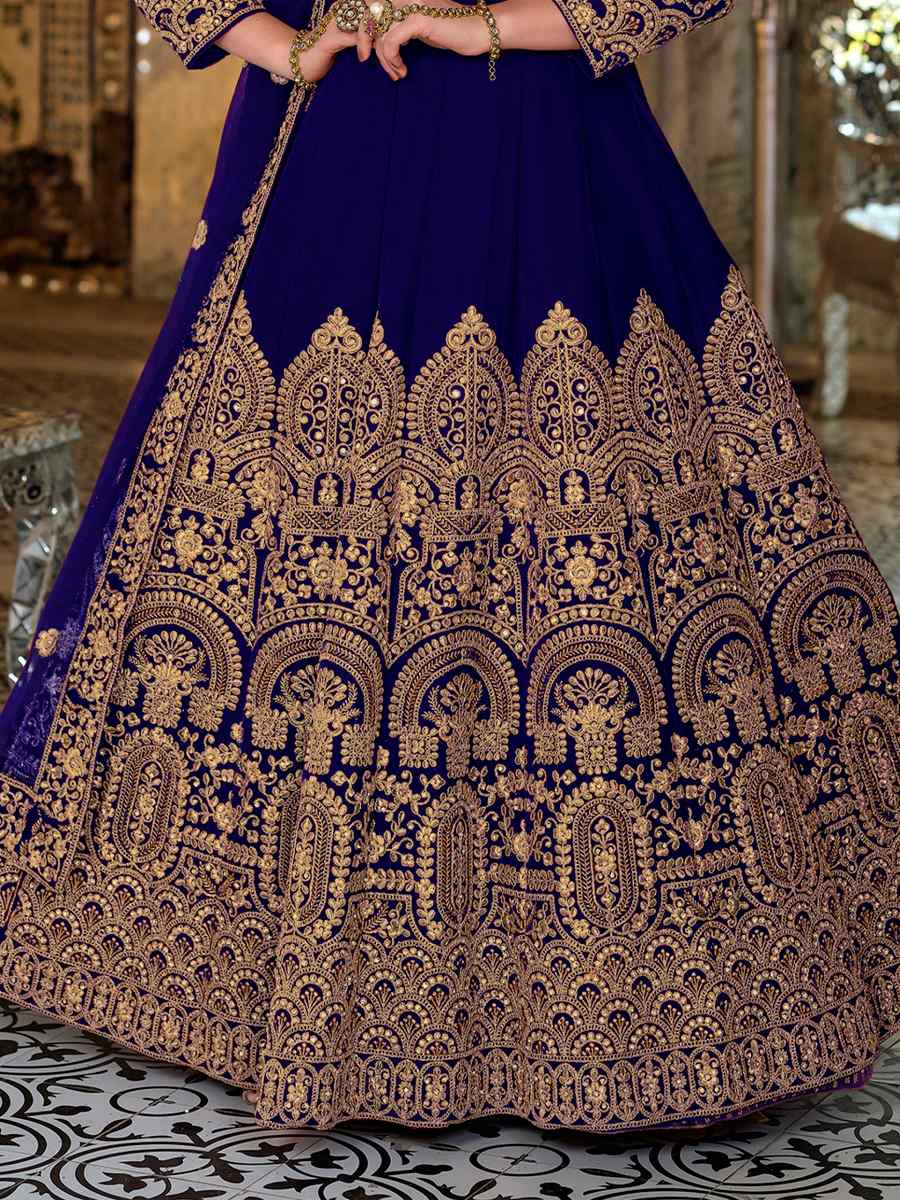 Navy Blue 9000 Velvet  Embroidered Festival Wedding Anarkali Salwar Kameez