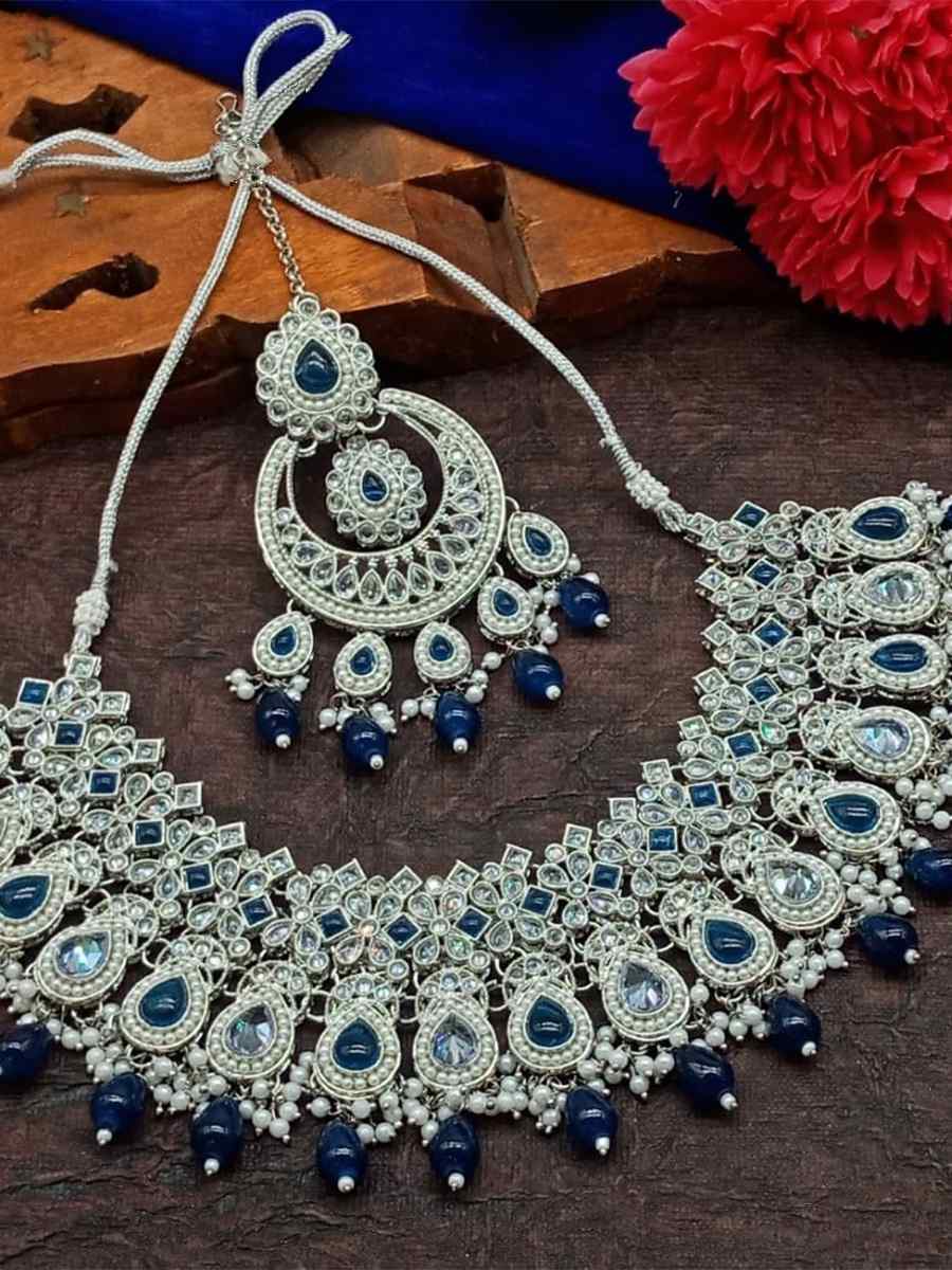 Navy Blue Alloy Metal Festival Wear Kundan Necklace