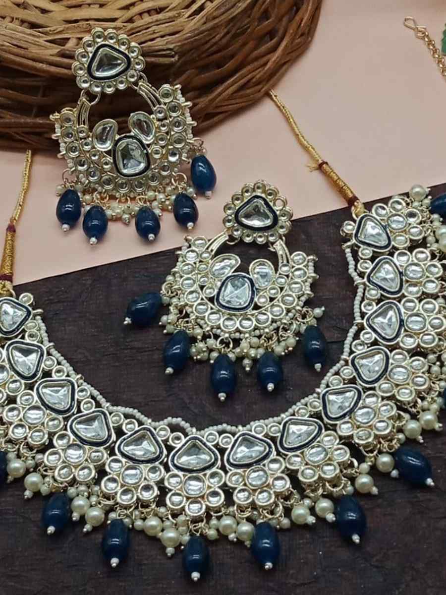 Navy Blue Alloy Metal Festival Wear Kundan Necklace