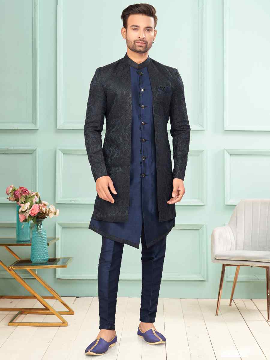 Navy Blue Art Silk Embroidered Festival Wedding Kurta