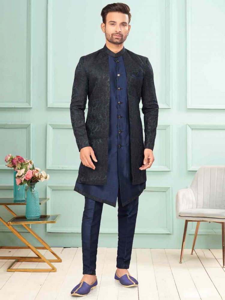 Navy Blue Art Silk Embroidered Festival Wedding Kurta