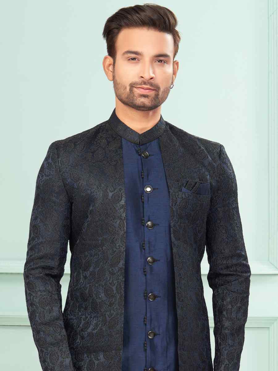 Navy Blue Art Silk Embroidered Festival Wedding Kurta