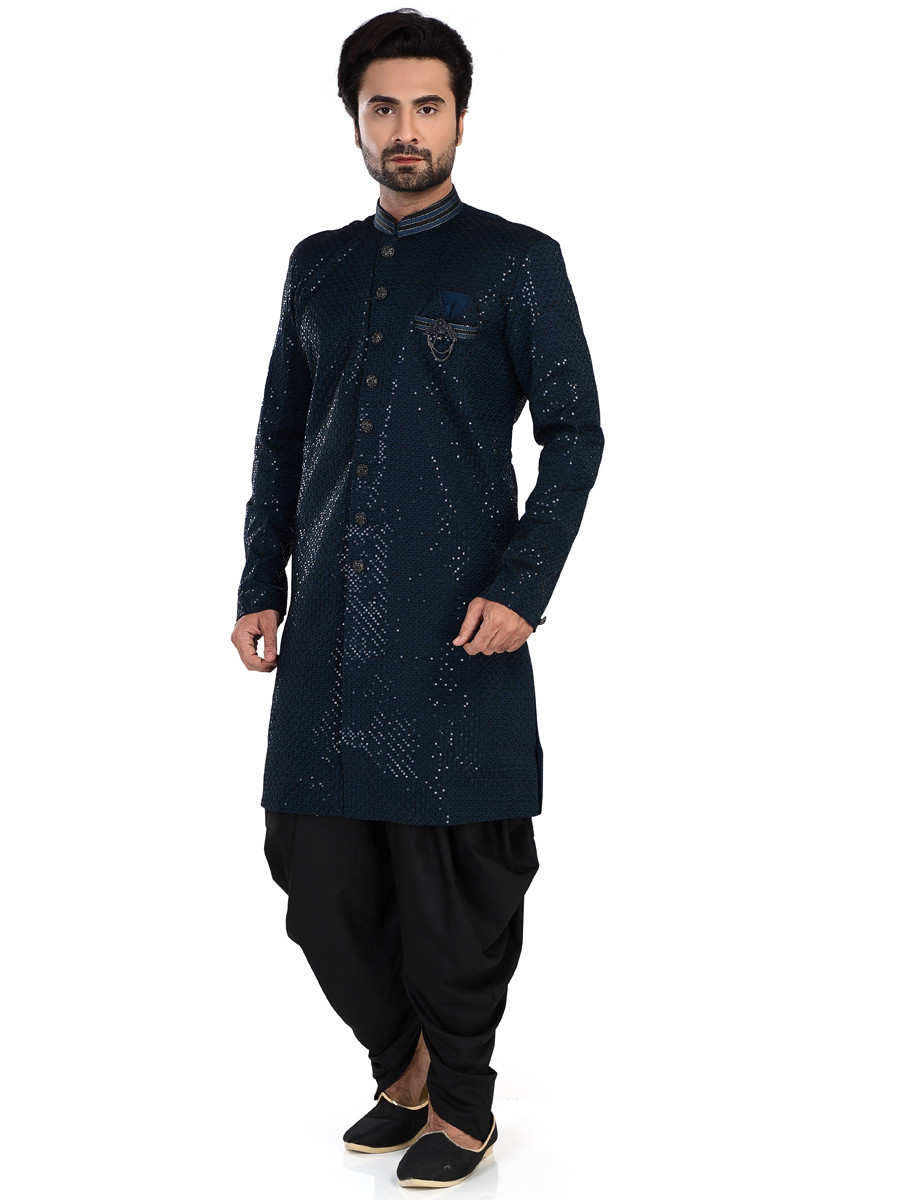 Navy Blue Art Silk Embroidered Party Wedding Kurta