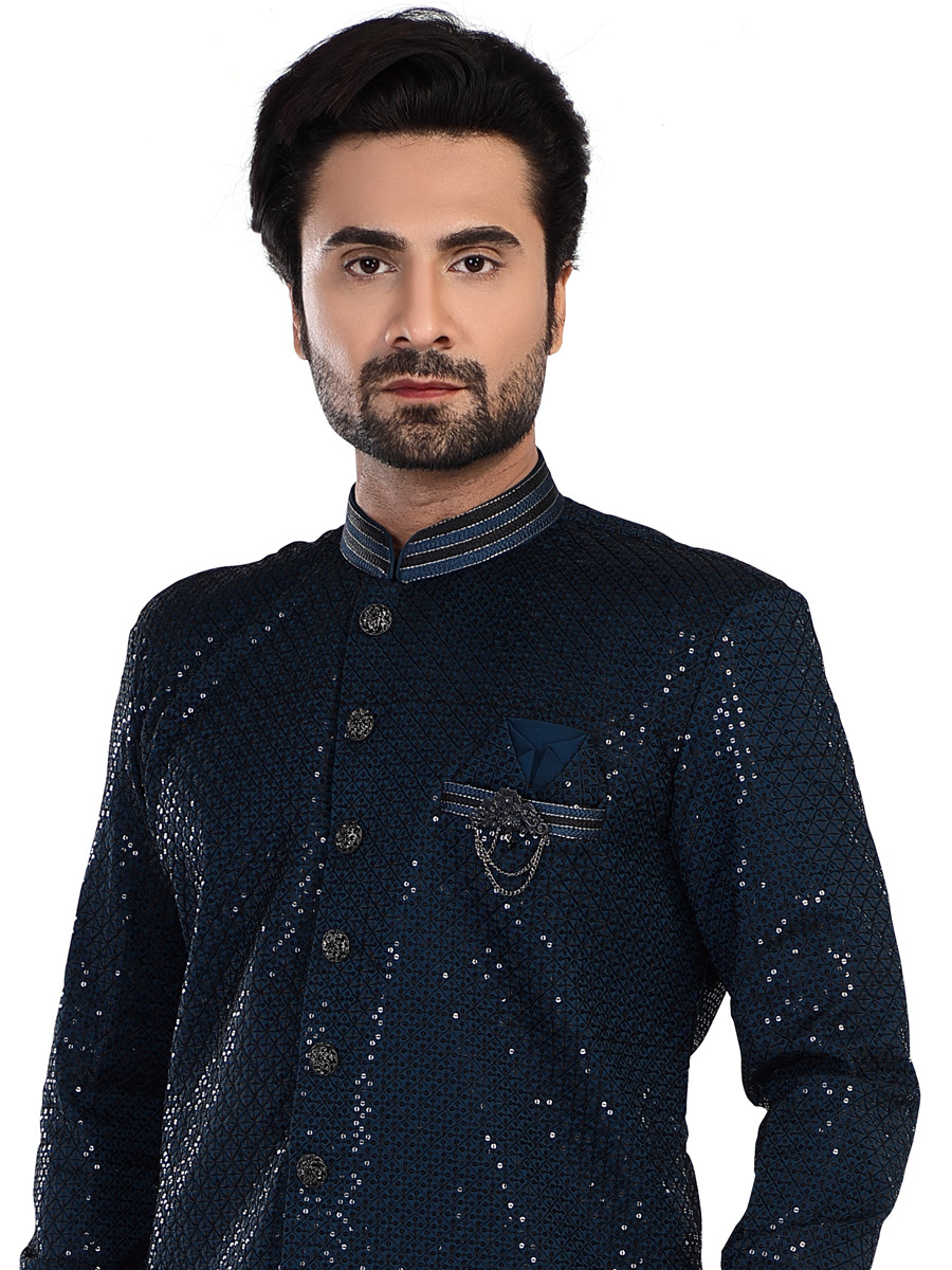 Navy Blue Art Silk Embroidered Party Wedding Kurta