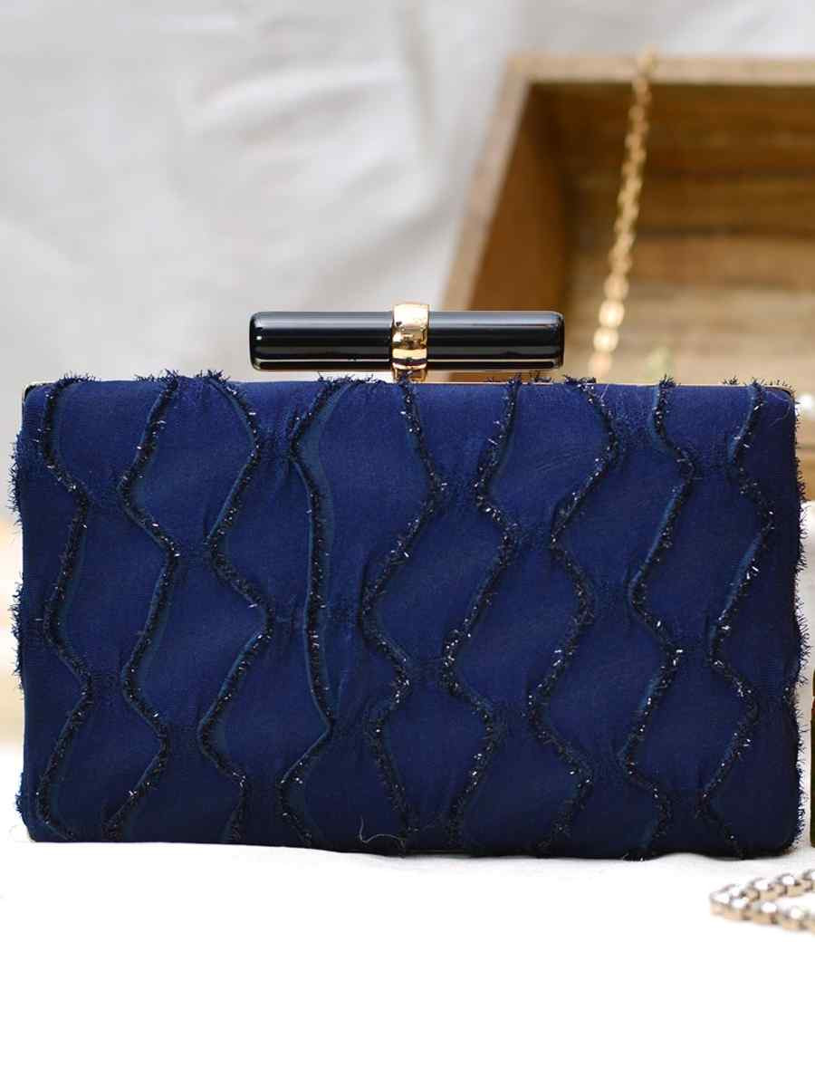 Navy Blue Art Silk Party Wear Embroidered Clutches