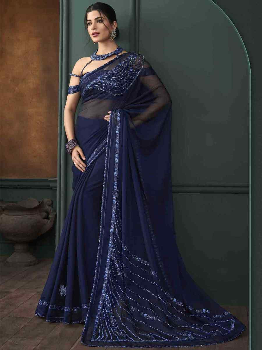 Navy Blue Art Silk Printed Festival Casual Contemporary Saree