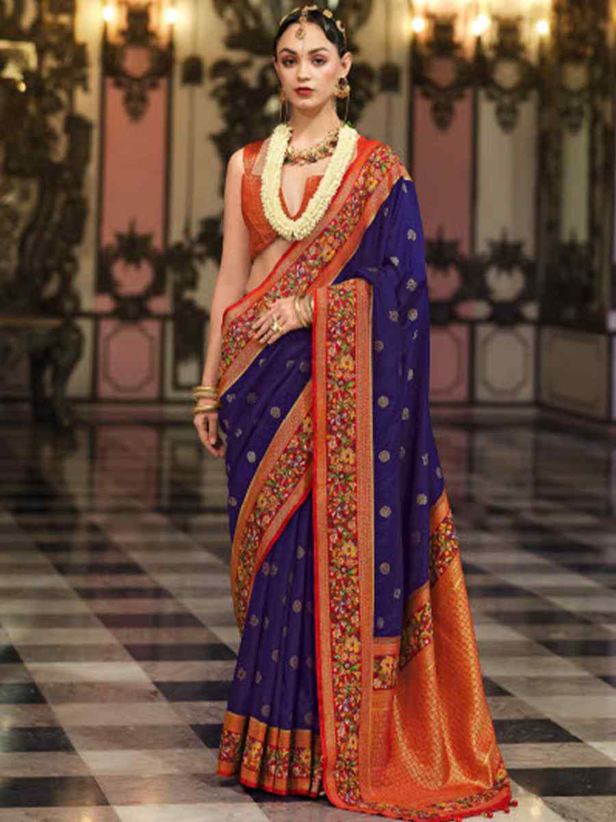 Navy Blue Banarasi Poly Viscose Silk Handwoven Festival Wedding Heavy Border Saree