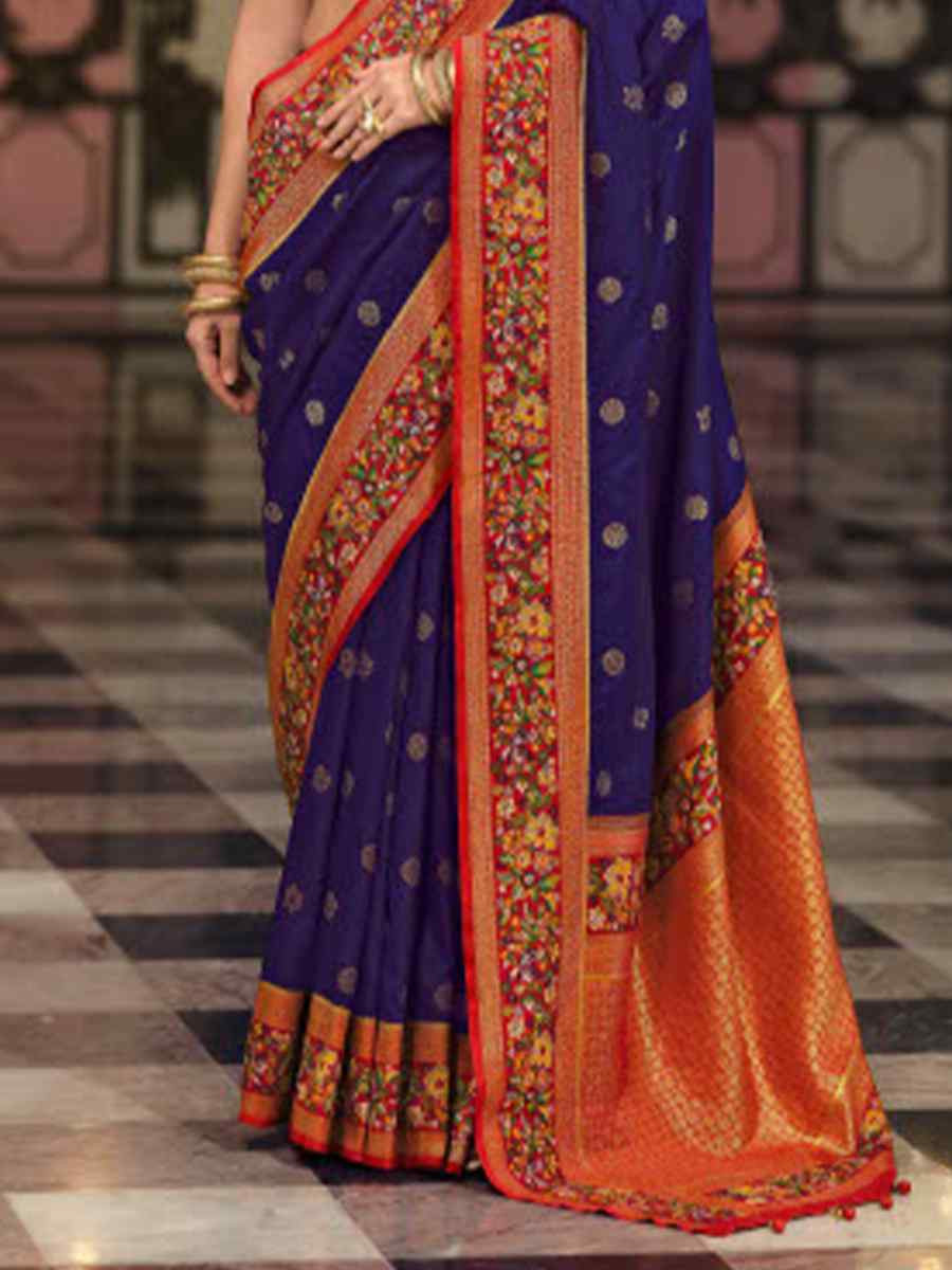 Navy Blue Banarasi Poly Viscose Silk Handwoven Festival Wedding Heavy Border Saree