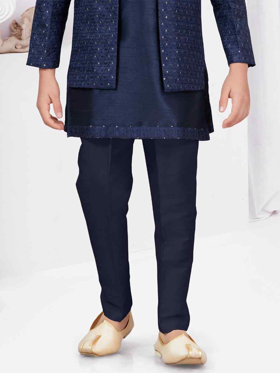 Navy Blue Banarasi Silk Embroidered Festival Wedding Kurta Pyjama Boys Wear