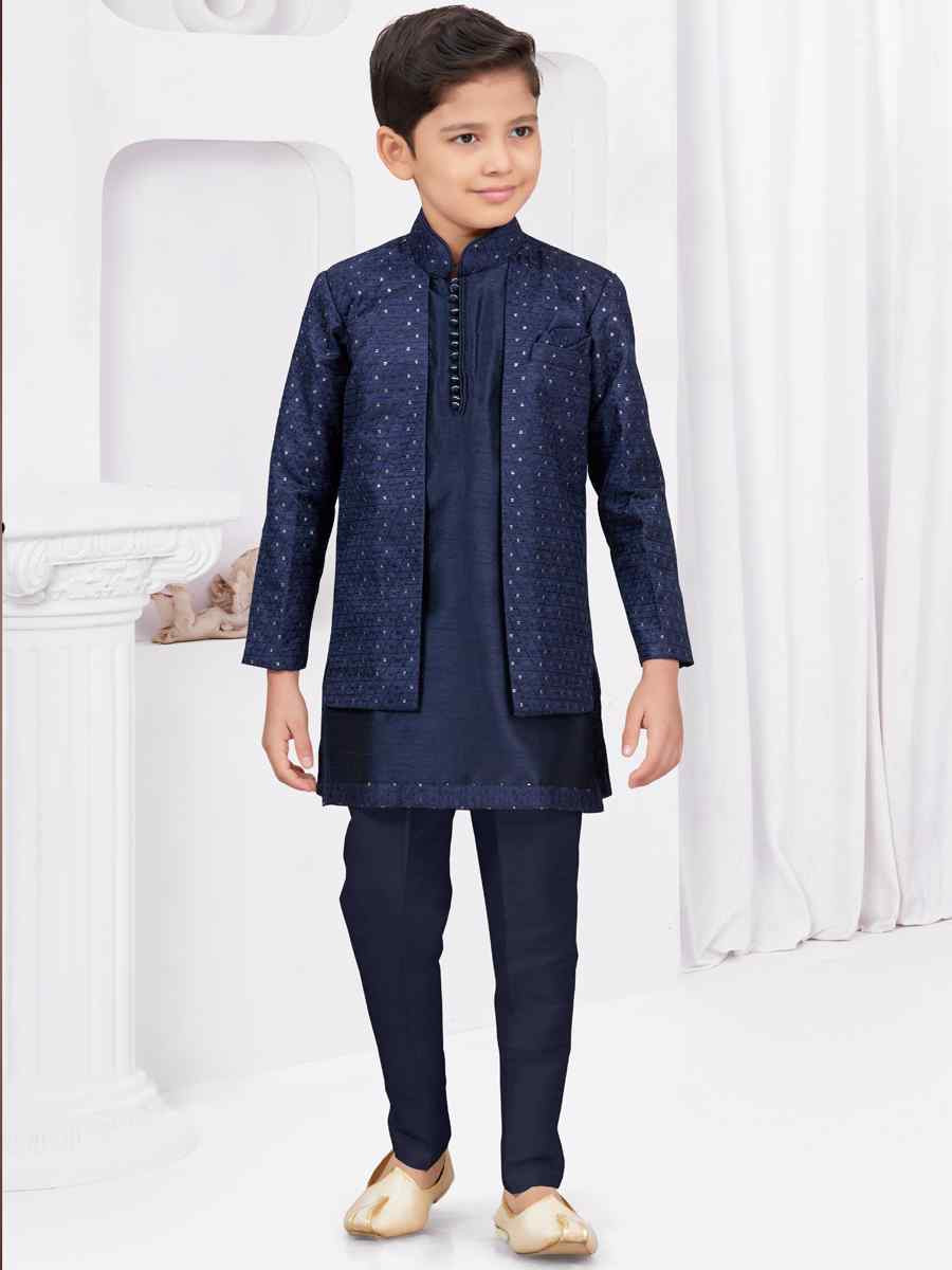 Navy Blue Banarasi Silk Embroidered Festival Wedding Kurta Pyjama Boys Wear