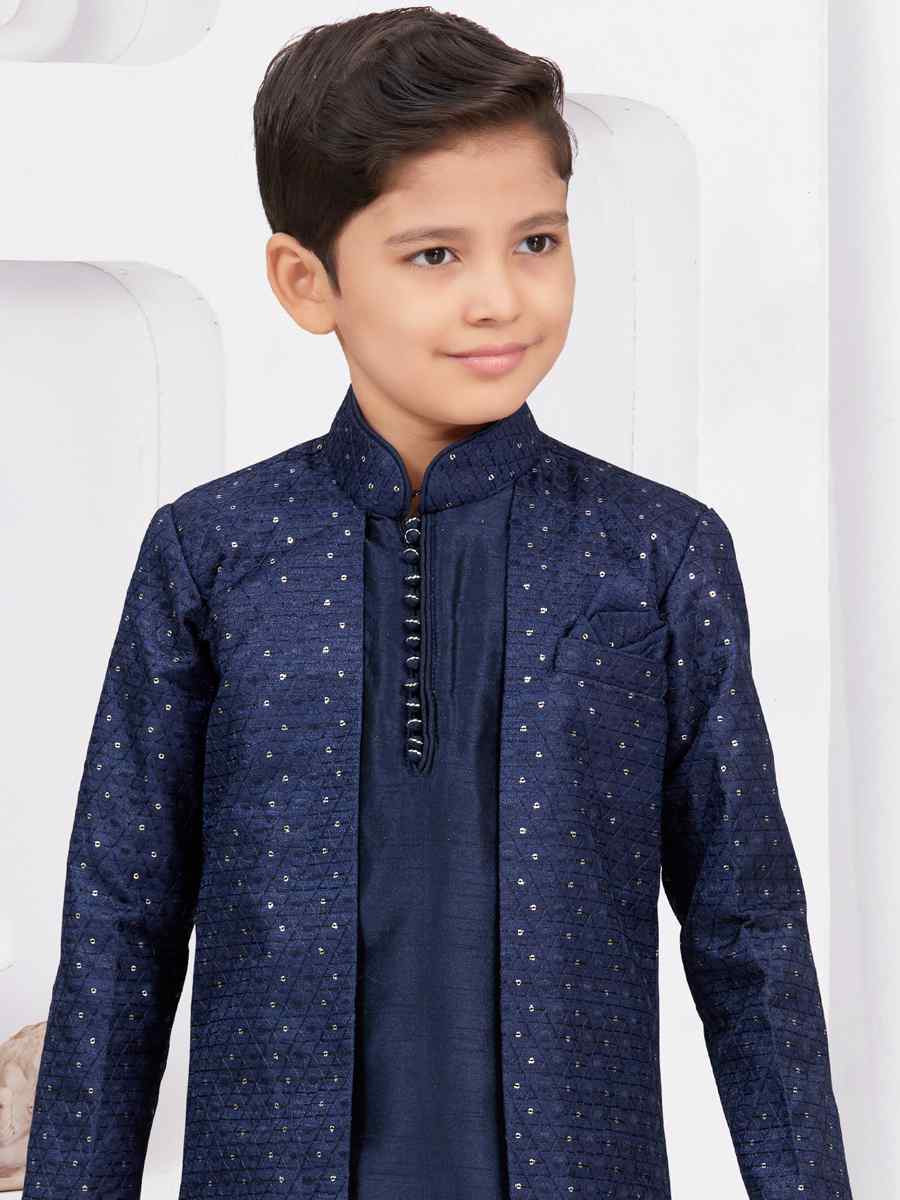 Navy Blue Banarasi Silk Embroidered Festival Wedding Kurta Pyjama Boys Wear