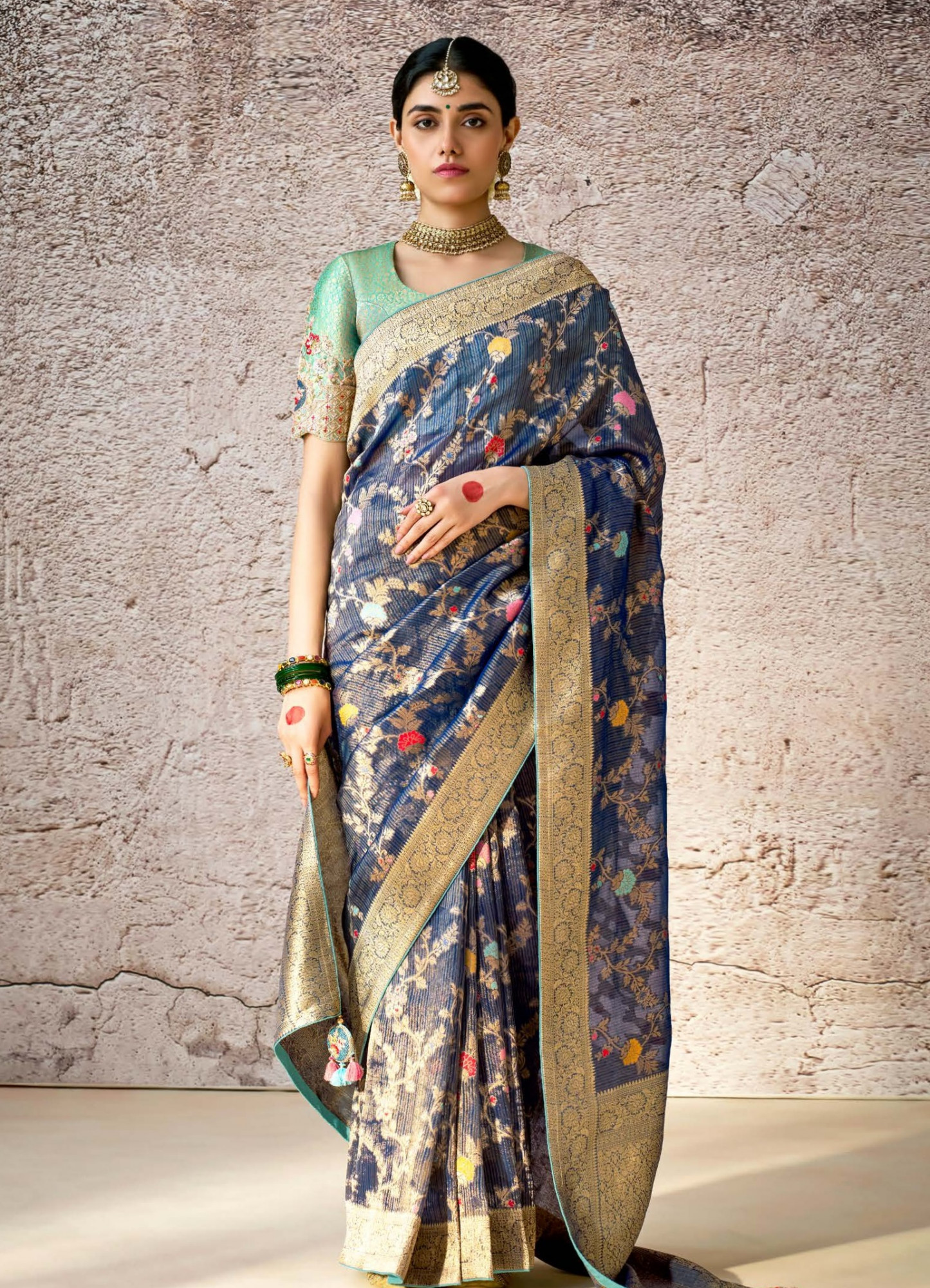 Navy Blue Banarasi Silk Embroidered Reception Wedding Heavy Border Saree