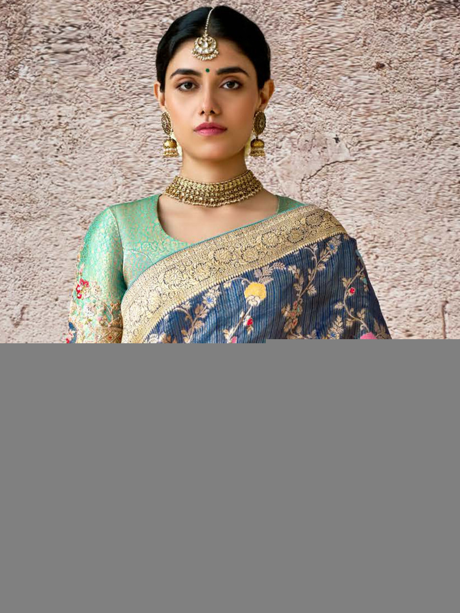 Navy Blue Banarasi Silk Embroidered Reception Wedding Heavy Border Saree