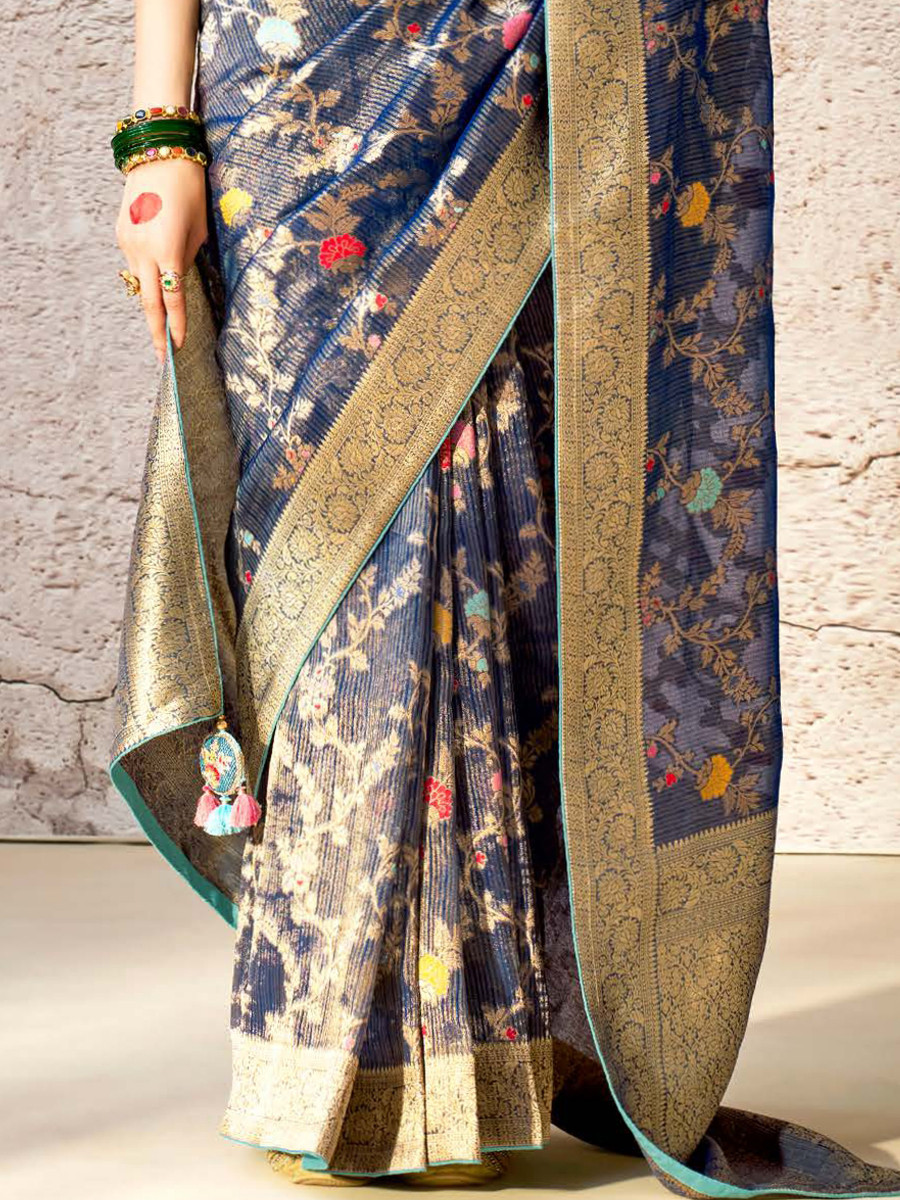 Navy Blue Banarasi Silk Embroidered Reception Wedding Heavy Border Saree