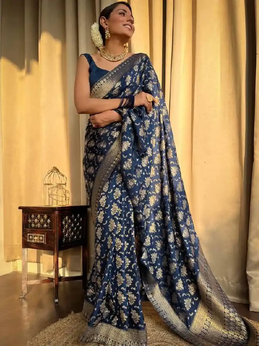 Navy Blue Banarasi Silk Handwoven Festival Wedding Heavy Border Saree