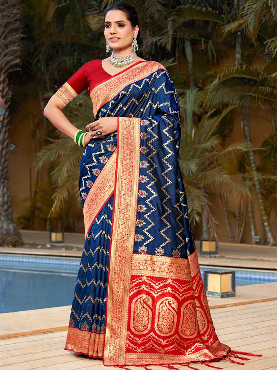 Navy Blue Banarasi Silk Handwoven Wedding Festival Heavy Border Saree