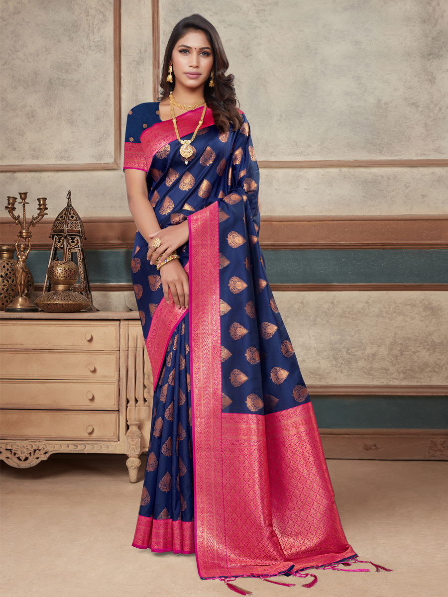 Navy Blue Banarasi Silk Handwoven Wedding Festival Heavy Border Saree