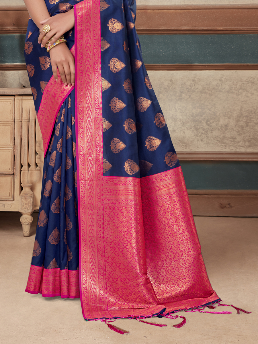 Navy Blue Banarasi Silk Handwoven Wedding Festival Heavy Border Saree