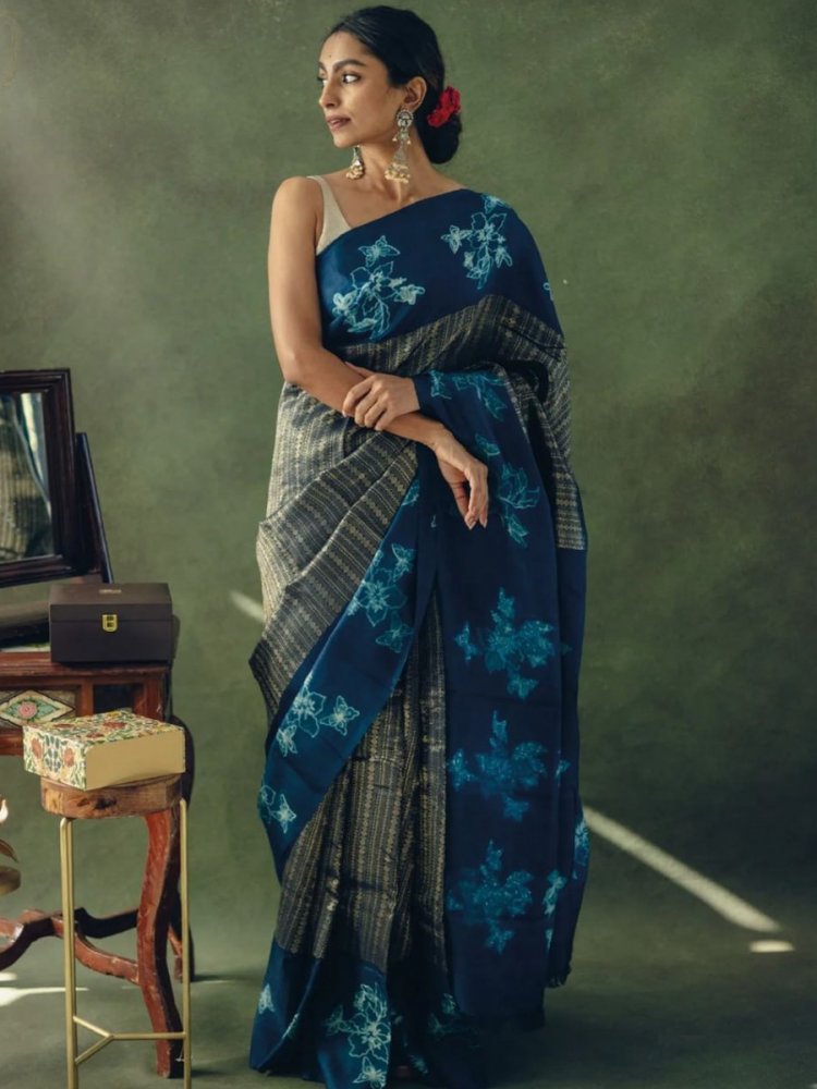 Navy Blue Banarasi Soft Silk Handwoven Festival Casual Classic Style Saree