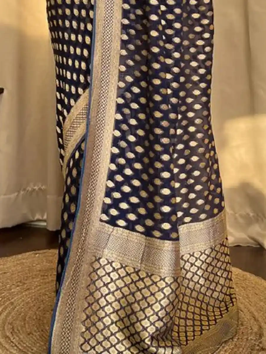 Navy Blue Banarasi Soft Silk Handwoven Festival Wedding Heavy Border Saree