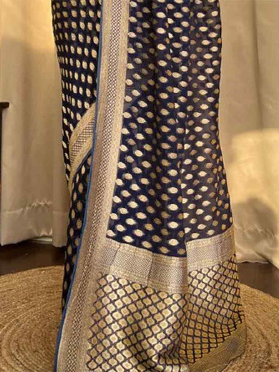 Navy Blue Banarasi Soft Silk Handwoven Wedding Festival Heavy Border Saree
