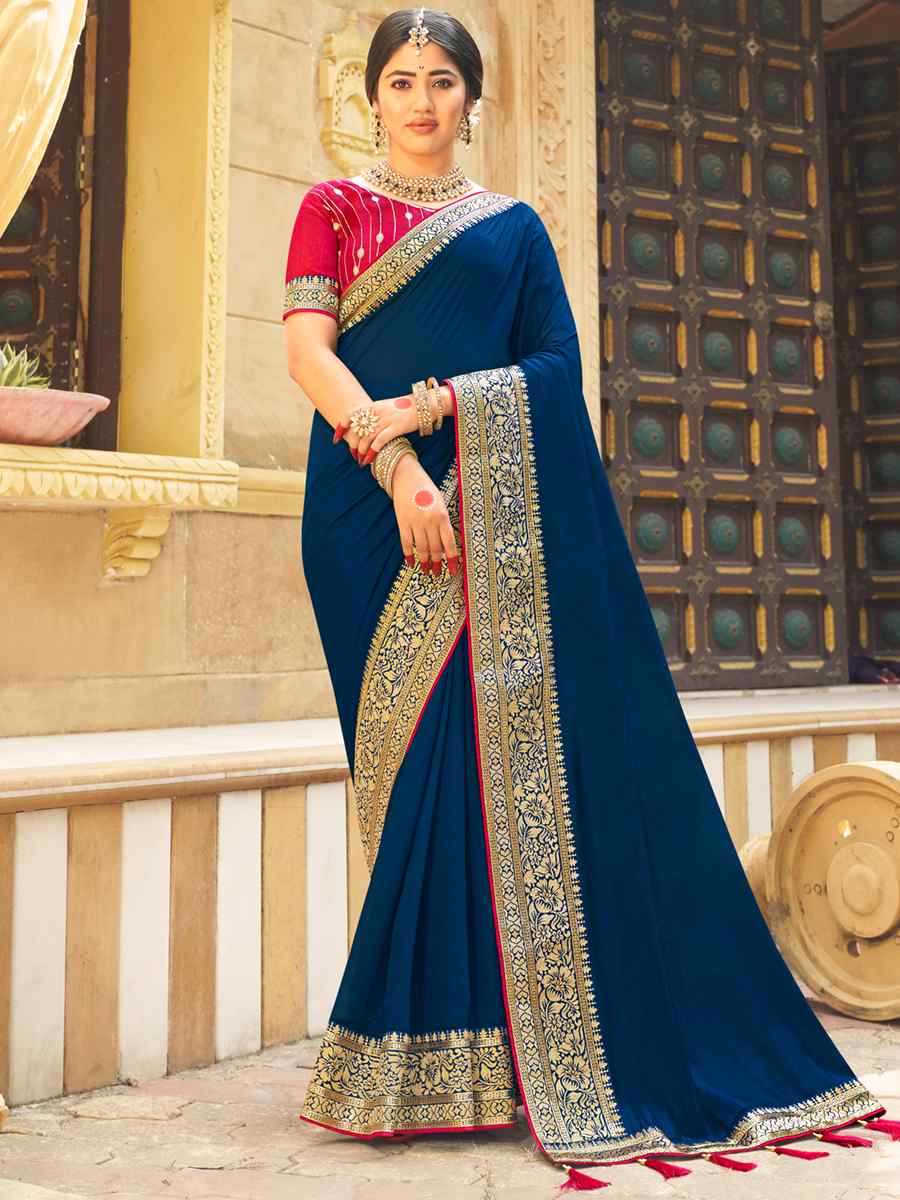 Navy Blue Banglory Silk Embroidered Wedding Festival Heavy Border Saree