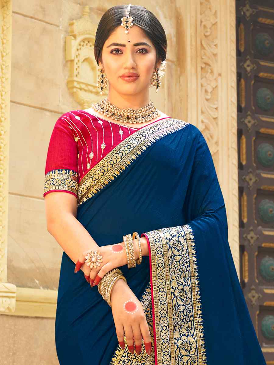 Navy Blue Banglory Silk Embroidered Wedding Festival Heavy Border Saree