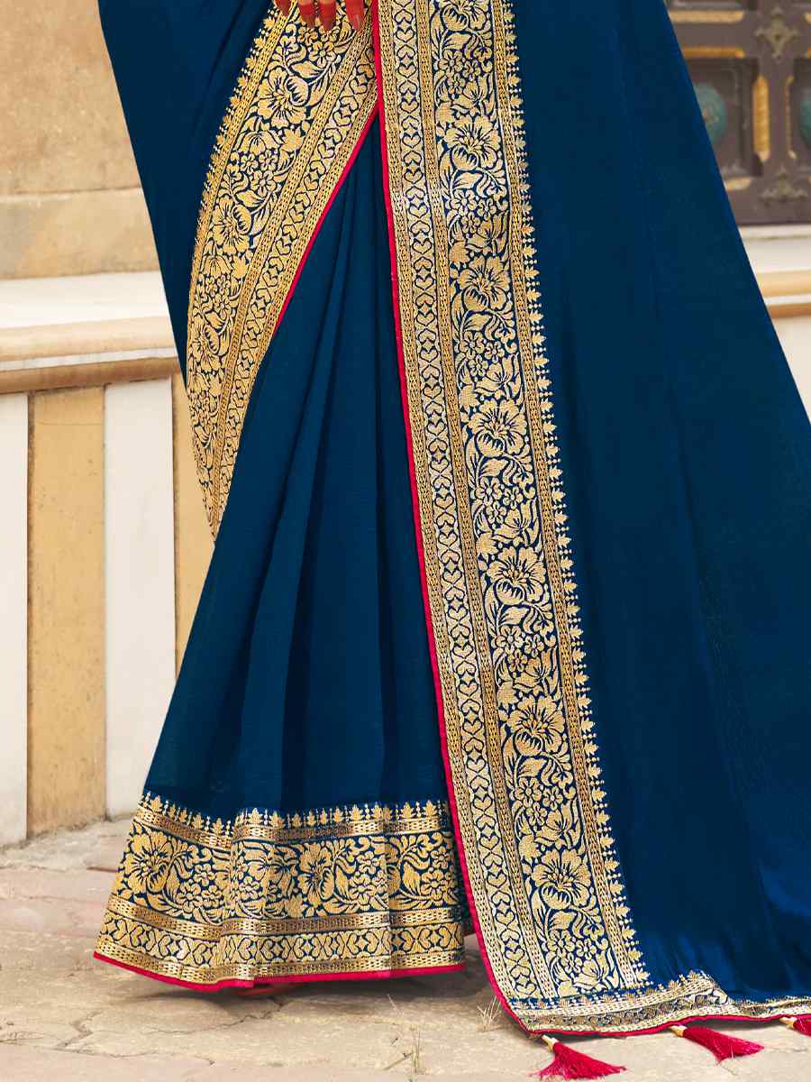 Navy Blue Banglory Silk Embroidered Wedding Festival Heavy Border Saree