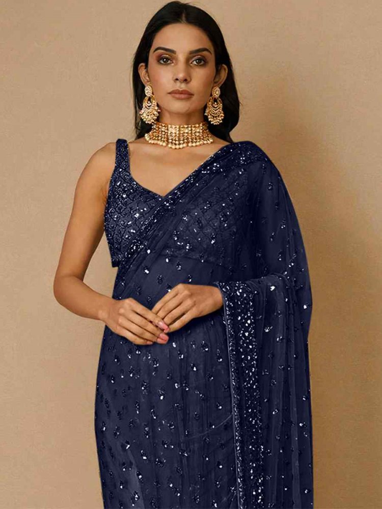 Buy Persian Blue Sequins Saree with Embellished Border