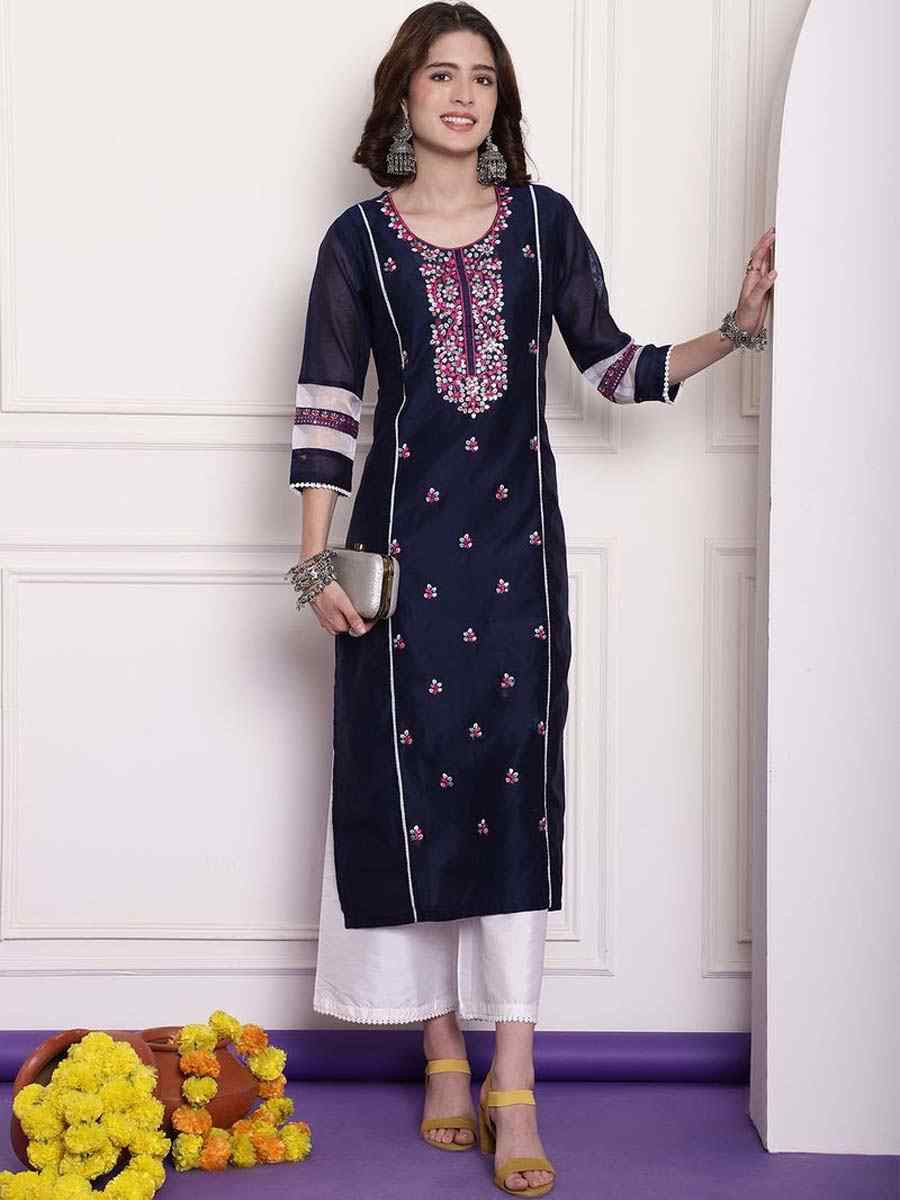 Navy Blue Chanderi Embroidered Festival Casual Kurti