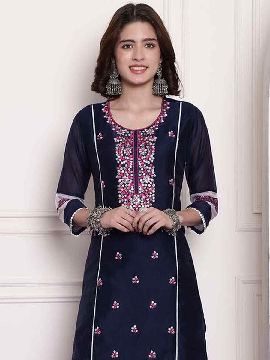 Navy Blue Chanderi Embroidered Festival Casual Kurti