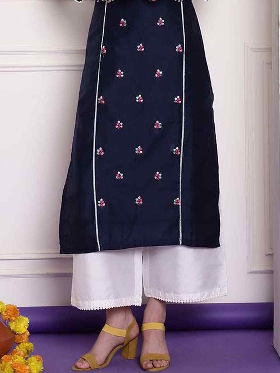 Navy Blue Chanderi Embroidered Festival Casual Kurti