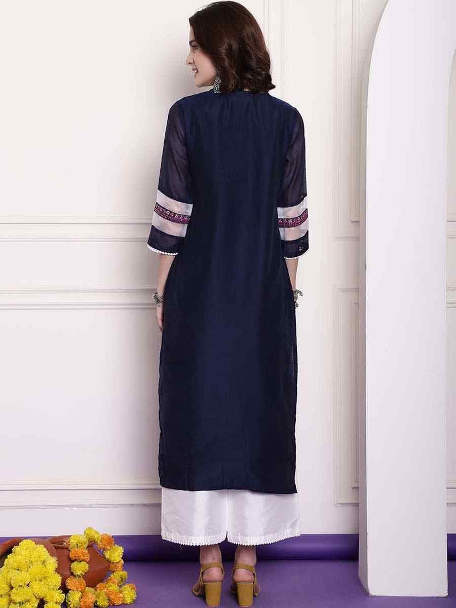 Navy Blue Chanderi Embroidered Festival Casual Kurti