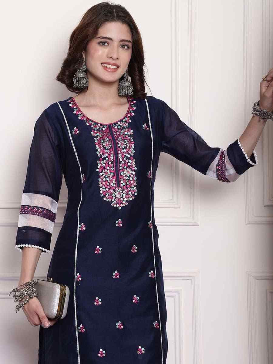 Navy Blue Chanderi Embroidered Festival Casual Kurti