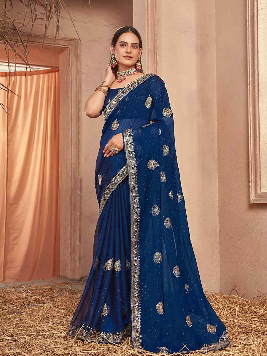 Navy Blue Chiffon Handwoven Festival Wedding Heavy Border Saree