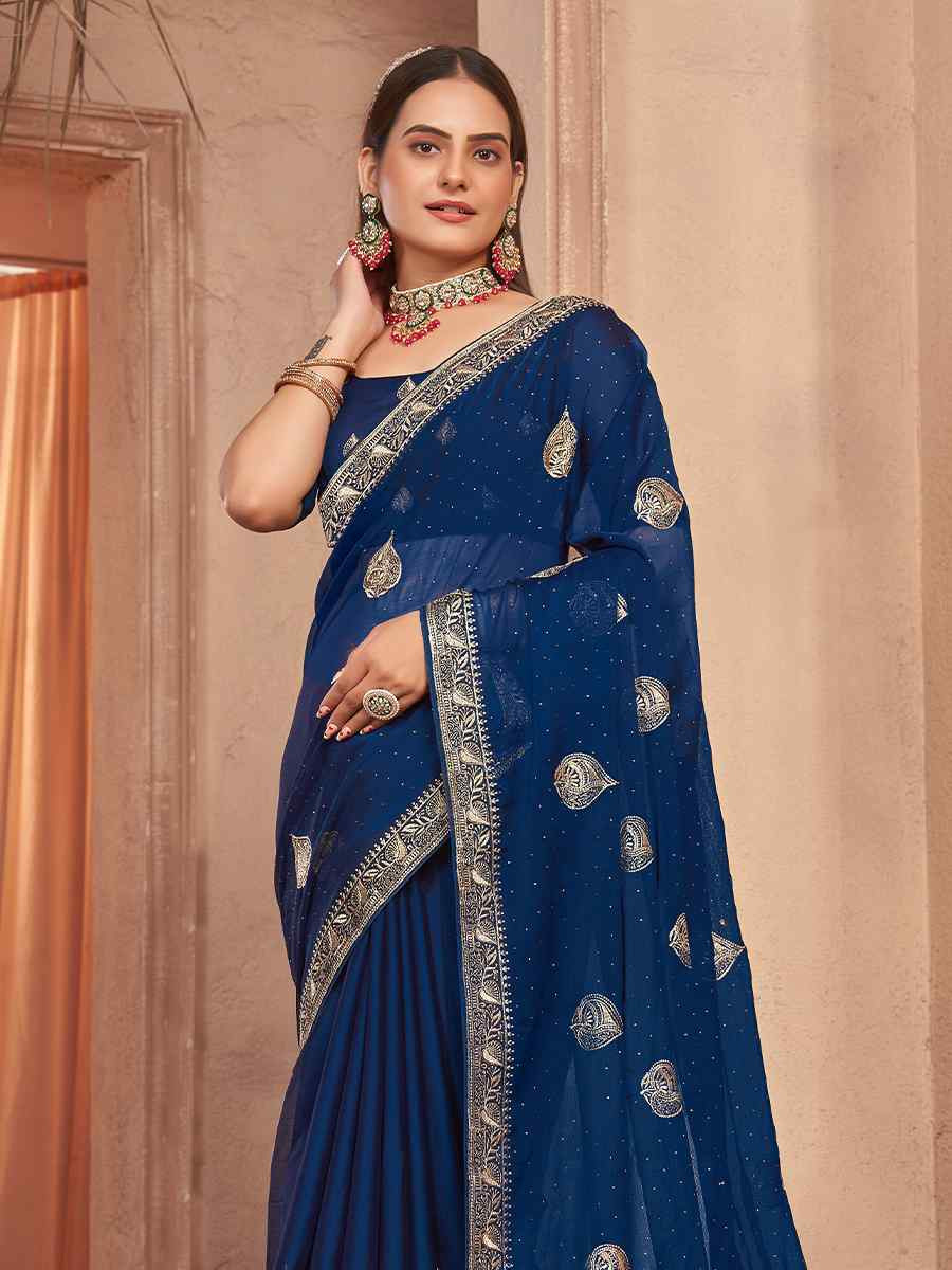 Navy Blue Chiffon Handwoven Festival Wedding Heavy Border Saree