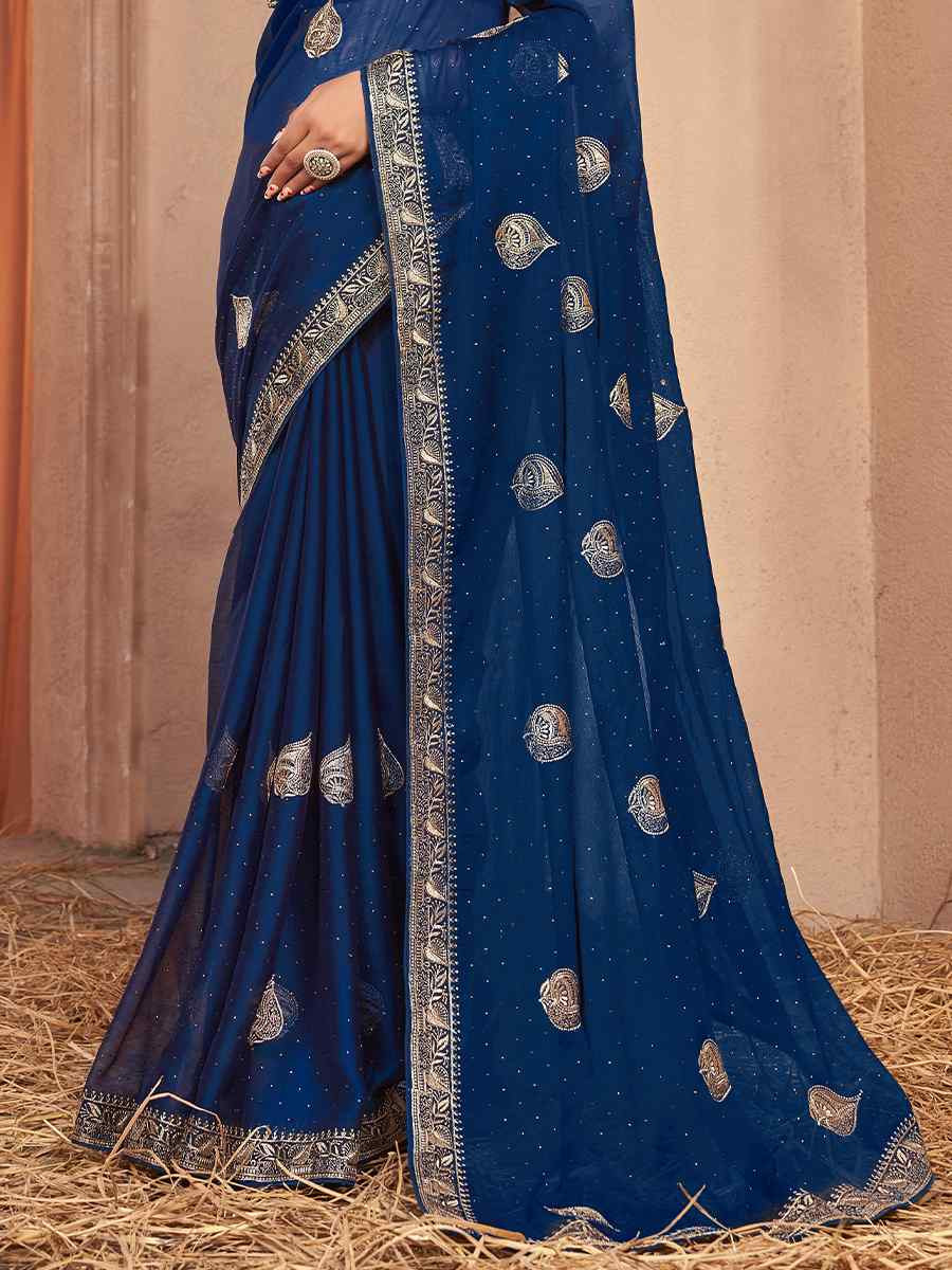 Navy Blue Chiffon Handwoven Festival Wedding Heavy Border Saree